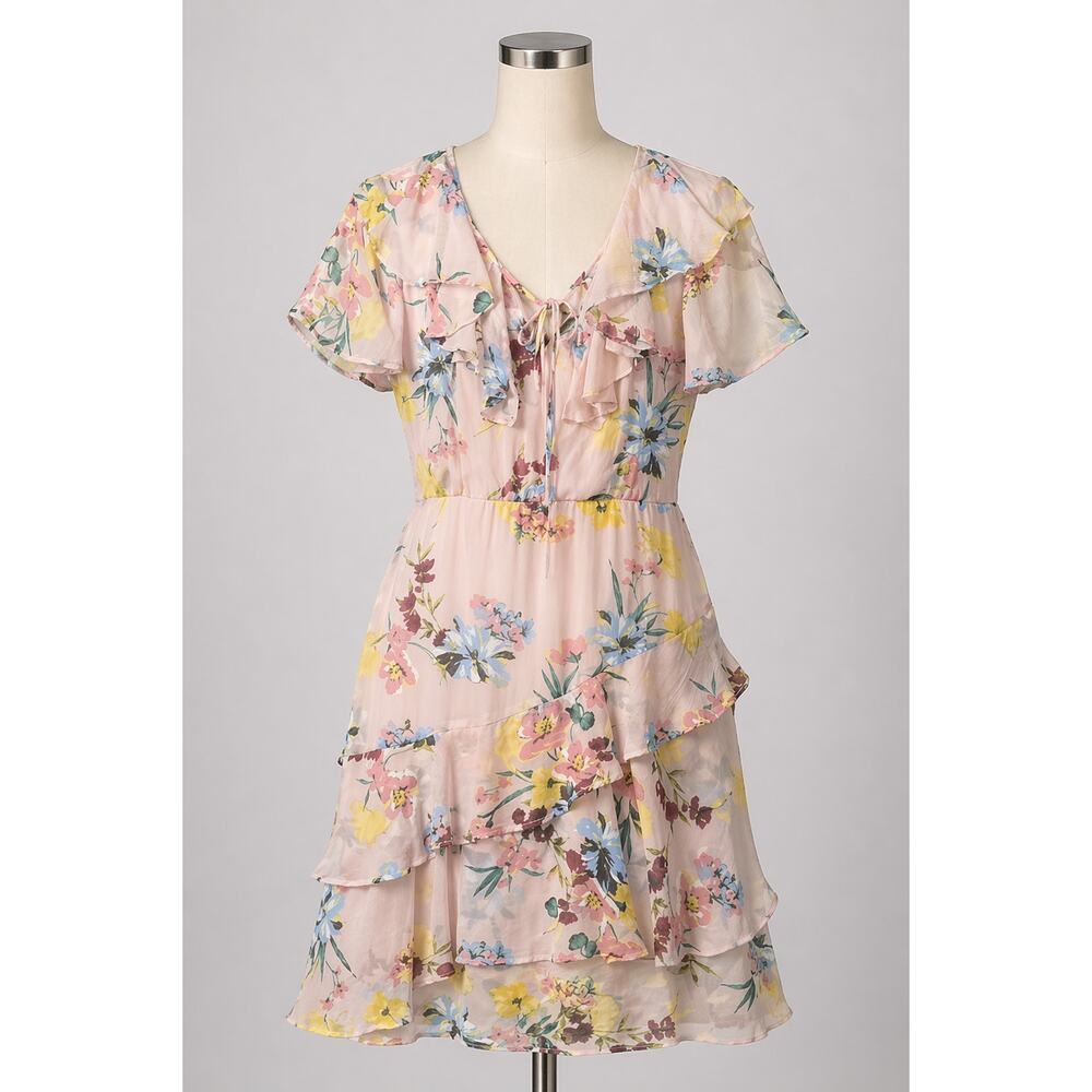 Anthropologie | Floral Print Pink Flowing Dress Boho Med